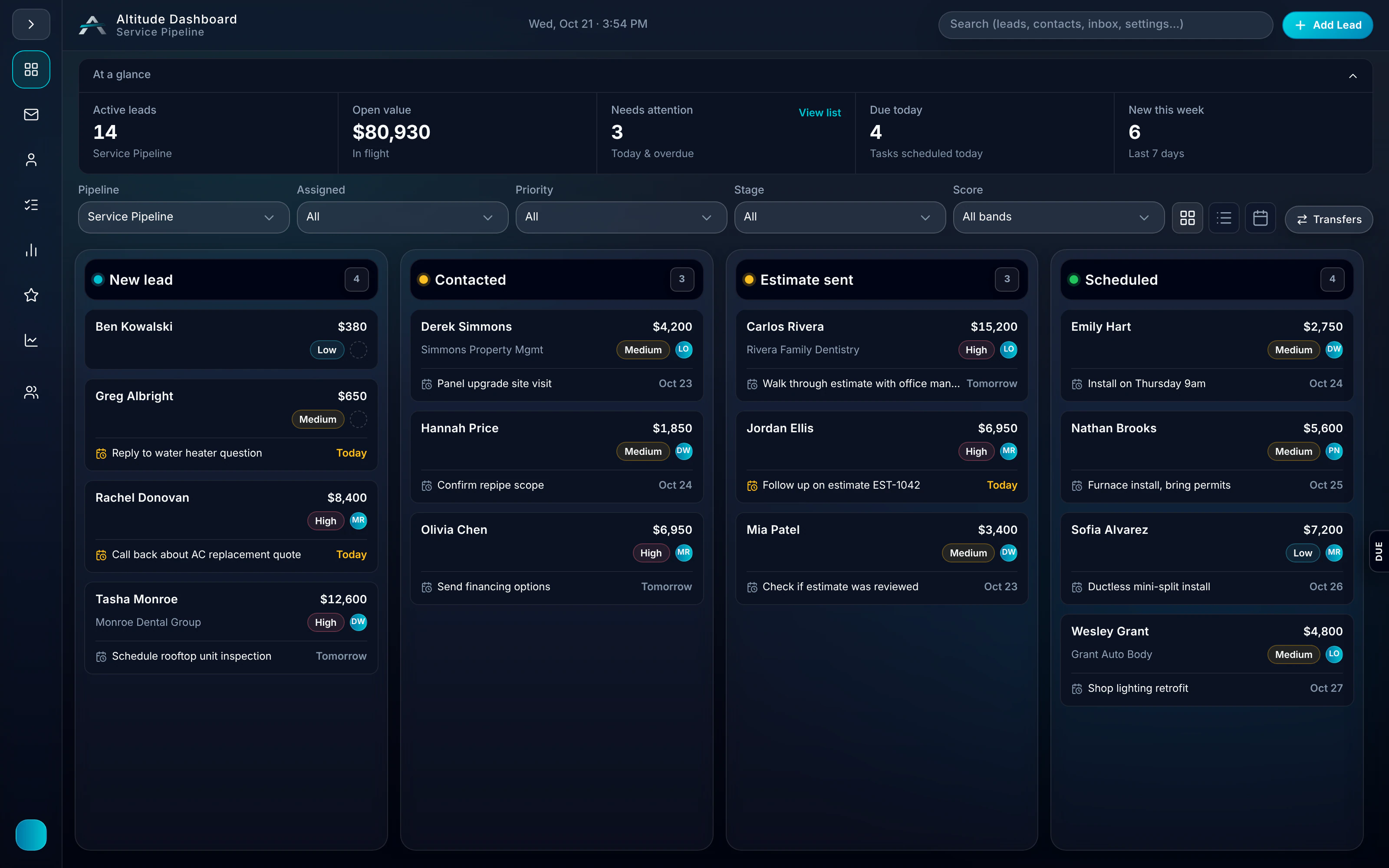 ALTITUDE pipeline board with leads in four stages, dollar values and follow-up tasks